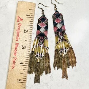 Long Seed Bead Fringe Dangly Earrings Pink Navy & Gold